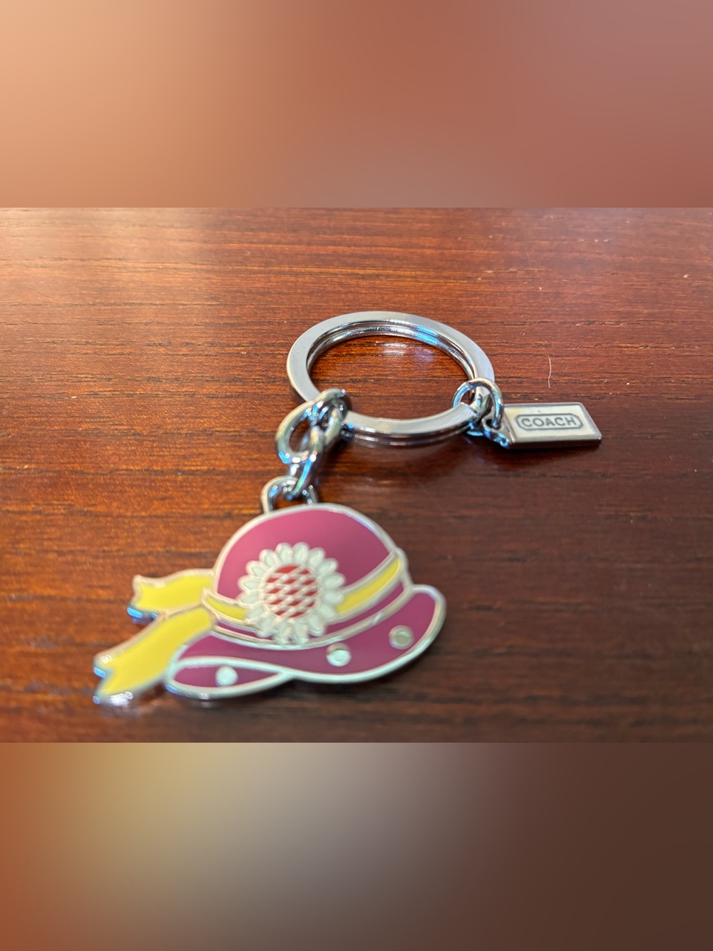 Coach hi Pink Sunflower Hat Key Ring with Yellow Ribbon Charm